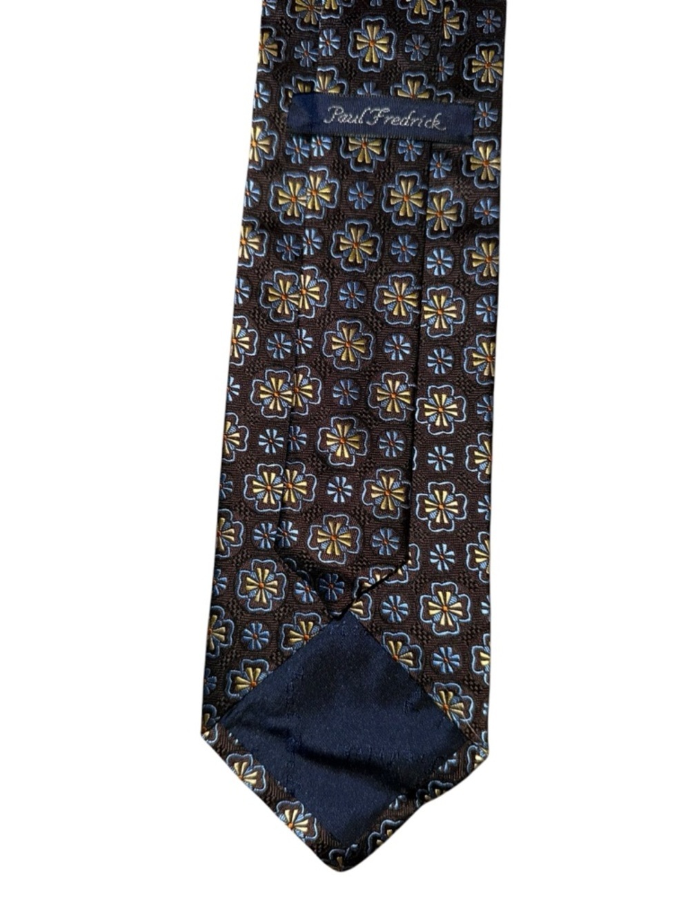Paul Fredrick 100% silk tie brown with blue and yellow floral pattern - Picture 4 of 4